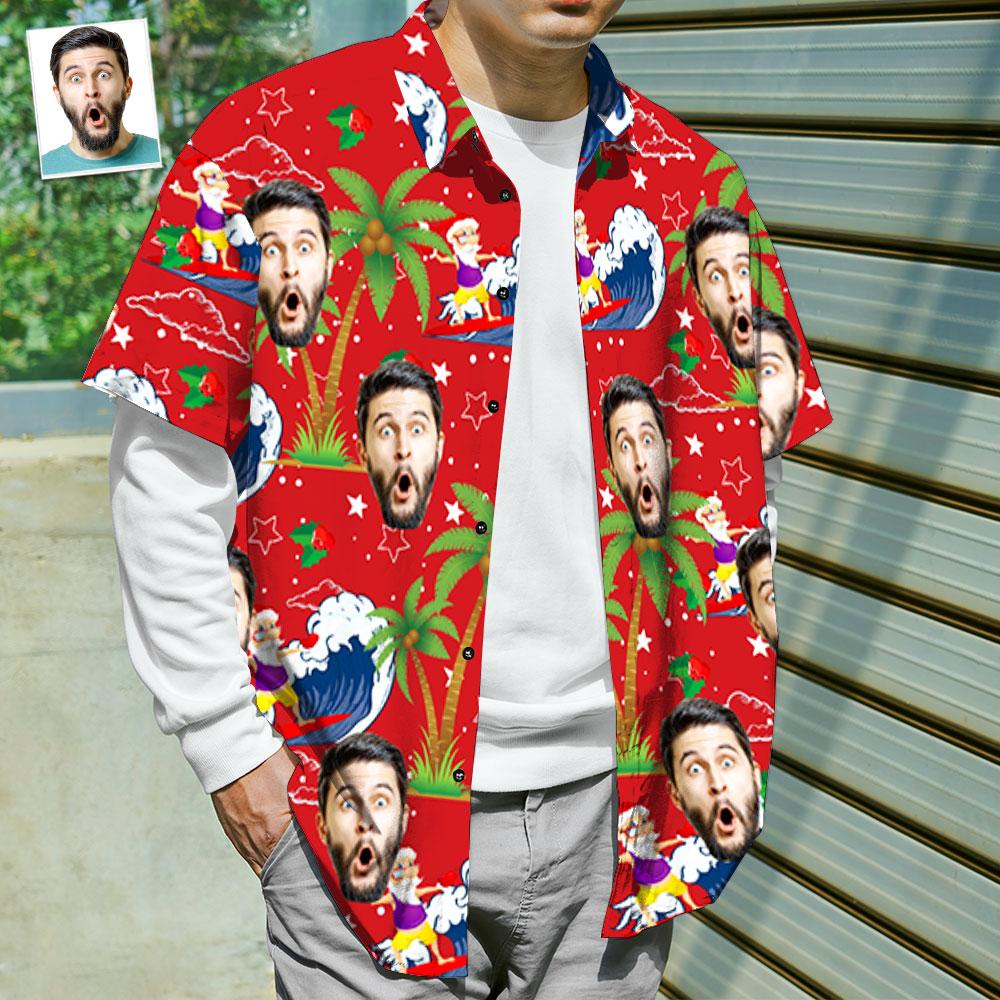 Custom Face Shirt Personalized Photo Men’s Hawaiian Shirt Christmas Gift – Surfing Santa