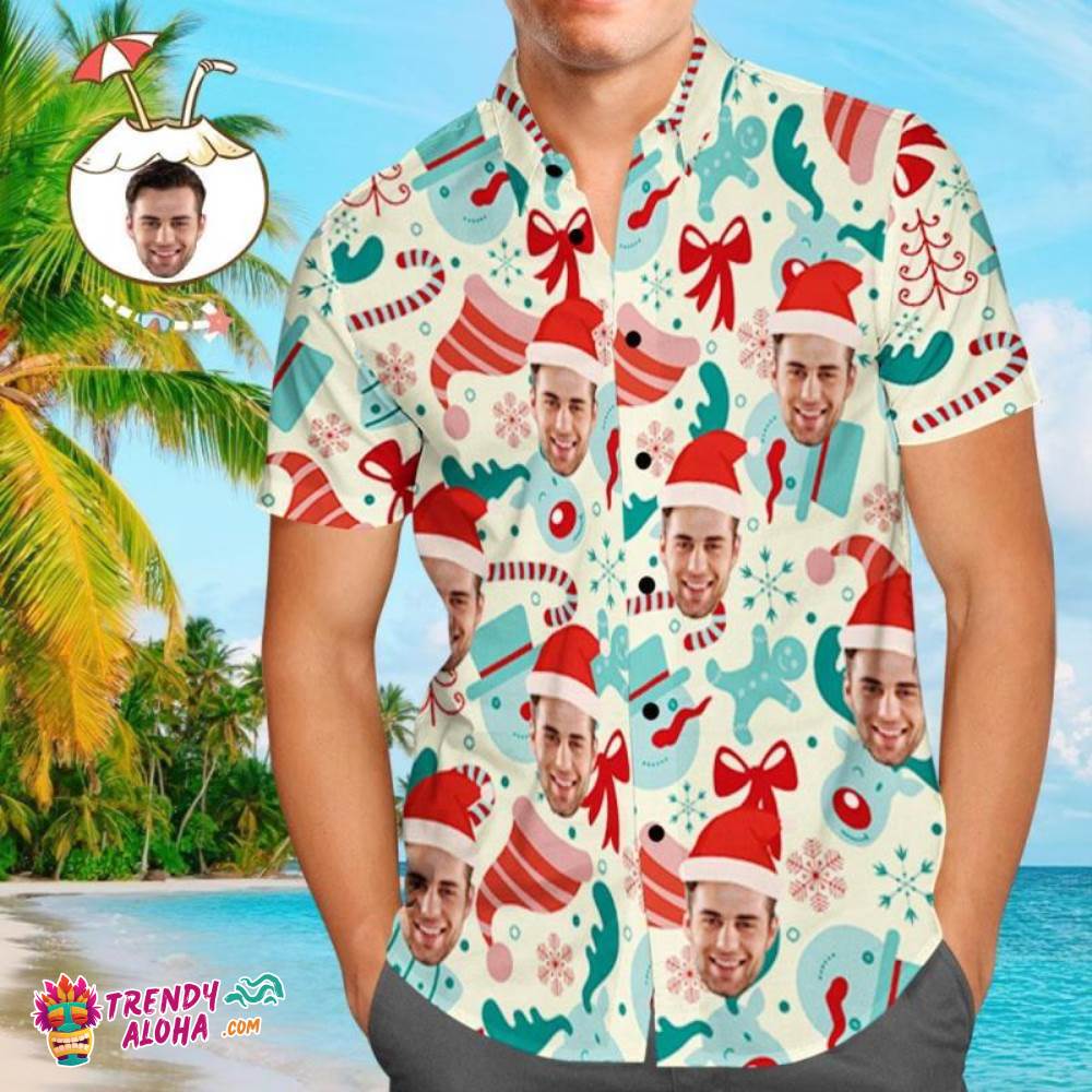 Custom Face Shirt Personalized Photo Men’s Trendy Aloha Hawaiian Shirt Christmas Gift – Santa Hat