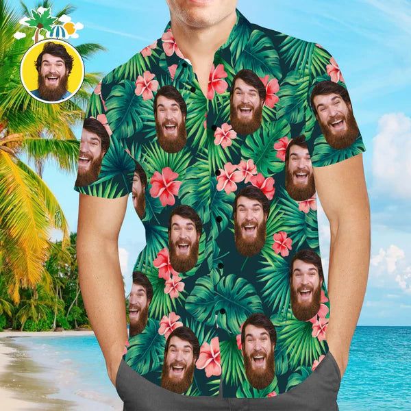 Custom Face Shirt With Text Men’s Hawaiian Shirt Red Flowers
