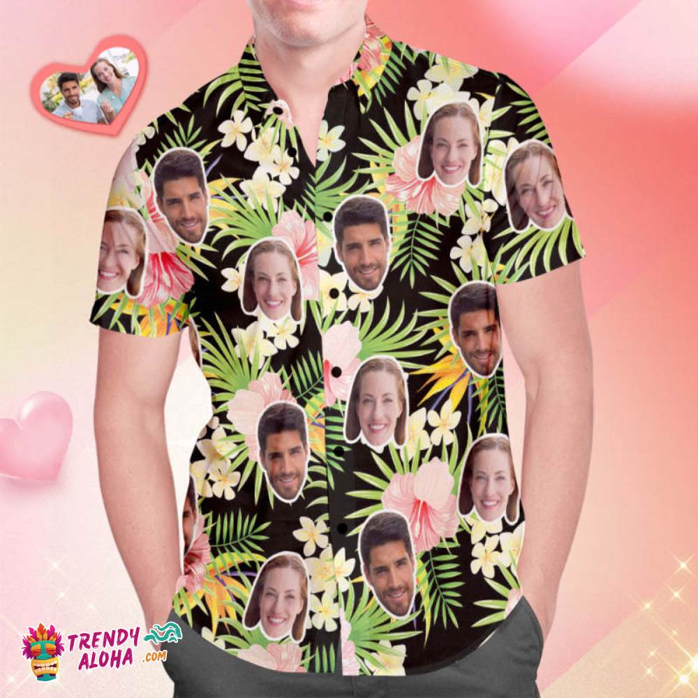 Custom Face Trendy Aloha Hawaiian Shirt All Over Print Men’s Shirt Red Hibiscus