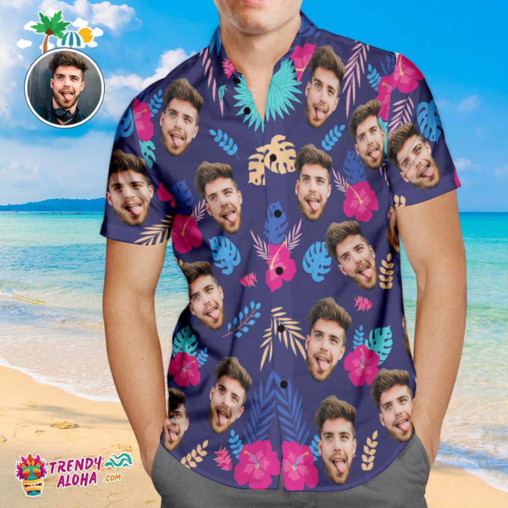 Custom Face Trendy Aloha Hawaiian Shirt Colorful Leaves Personalized Aloha Beach Shirt For Men