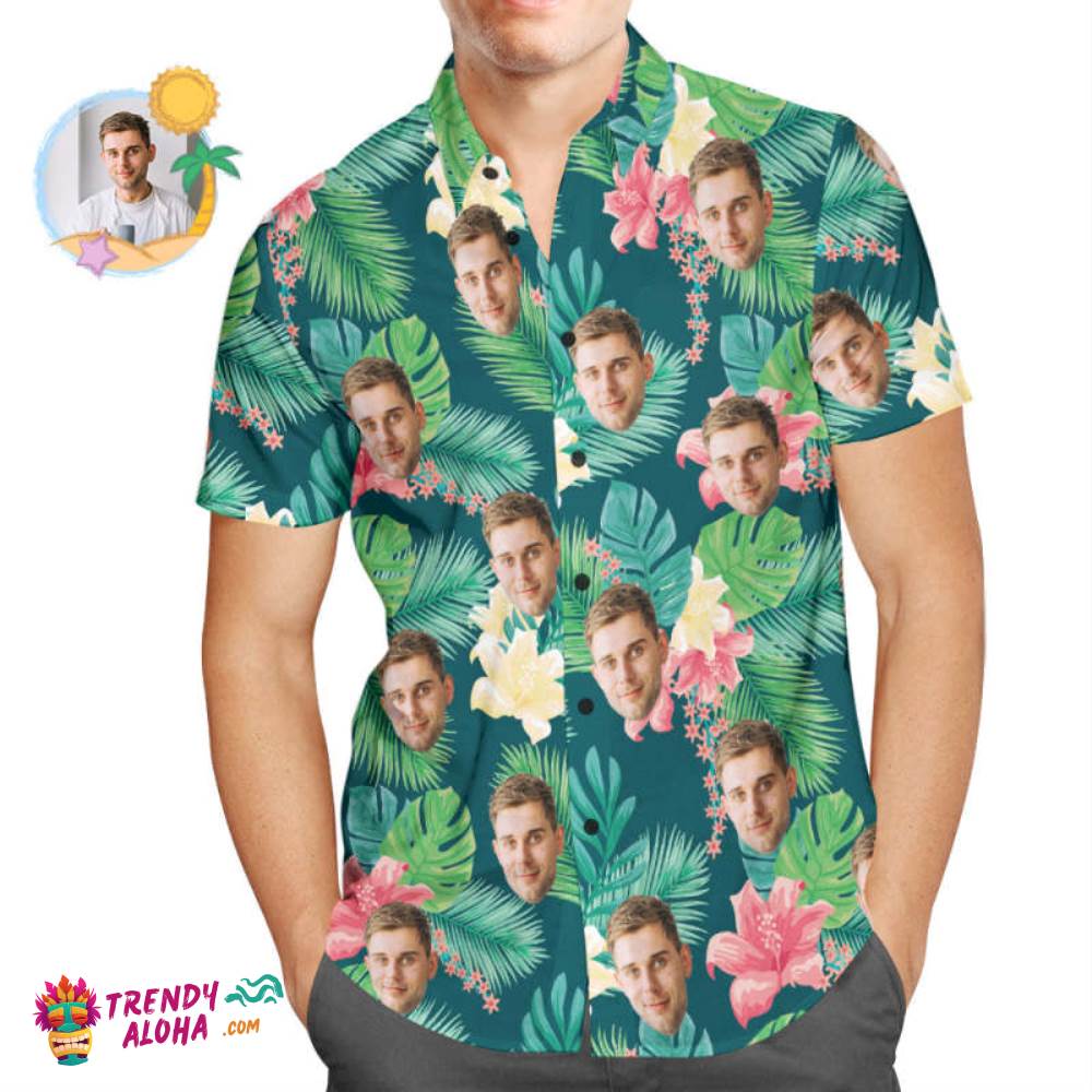 Custom Face Trendy Aloha Hawaiian Shirt Cute Pink Flowers Summer Shirt Gift For Men