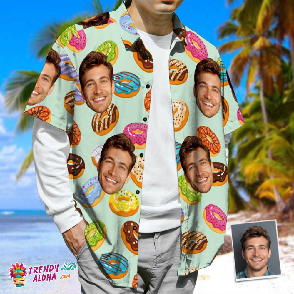 Custom Face Trendy Aloha Hawaiian Shirt Doughnuts Casual Tropical Summer Beach Shirt Unisex