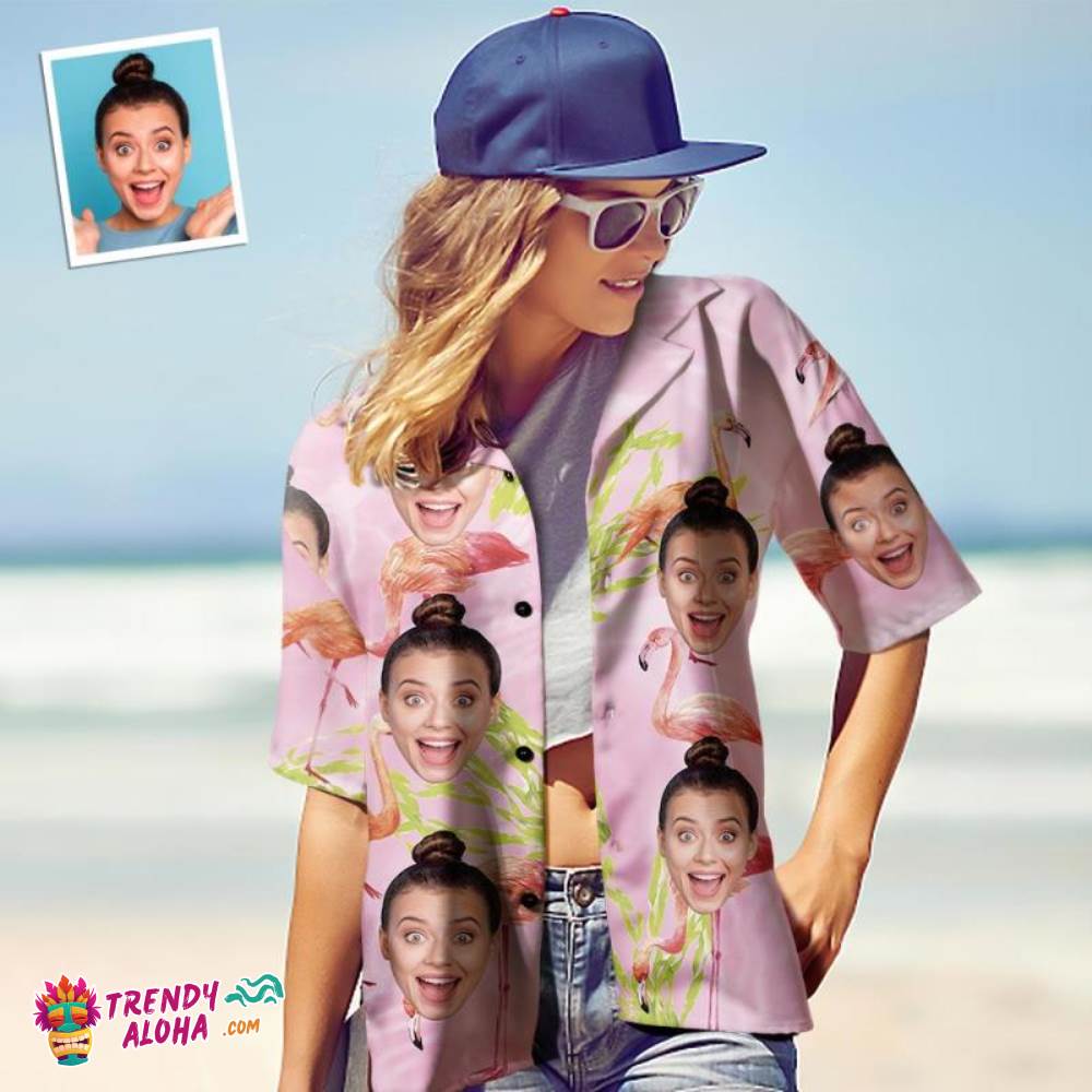 Custom Face Trendy Aloha Hawaiian Shirt For Women Personalized Women’s Photo Trendy Aloha Hawaiian Shirt Gift For Her – Pink Flamingo