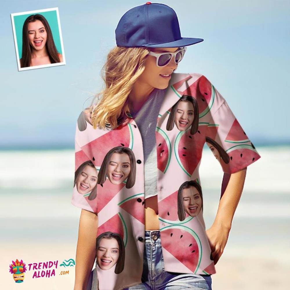 Custom Face Trendy Aloha Hawaiian Shirt For Women Personalized Women’s Photo Trendy Aloha Hawaiian Shirt Gift For Her – Watermelon