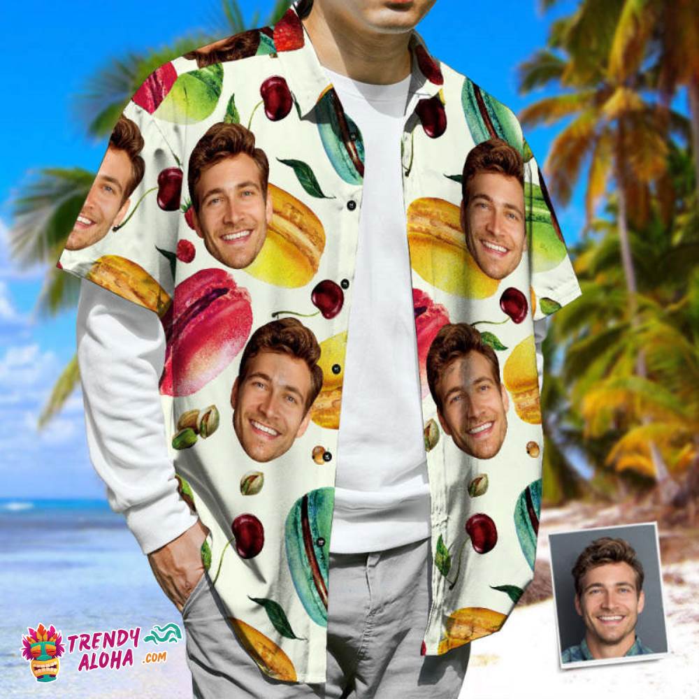 Custom Face Trendy Aloha Hawaiian Shirt Macaron Recipe & Cherries Casual Tropical Button-Down Shirt