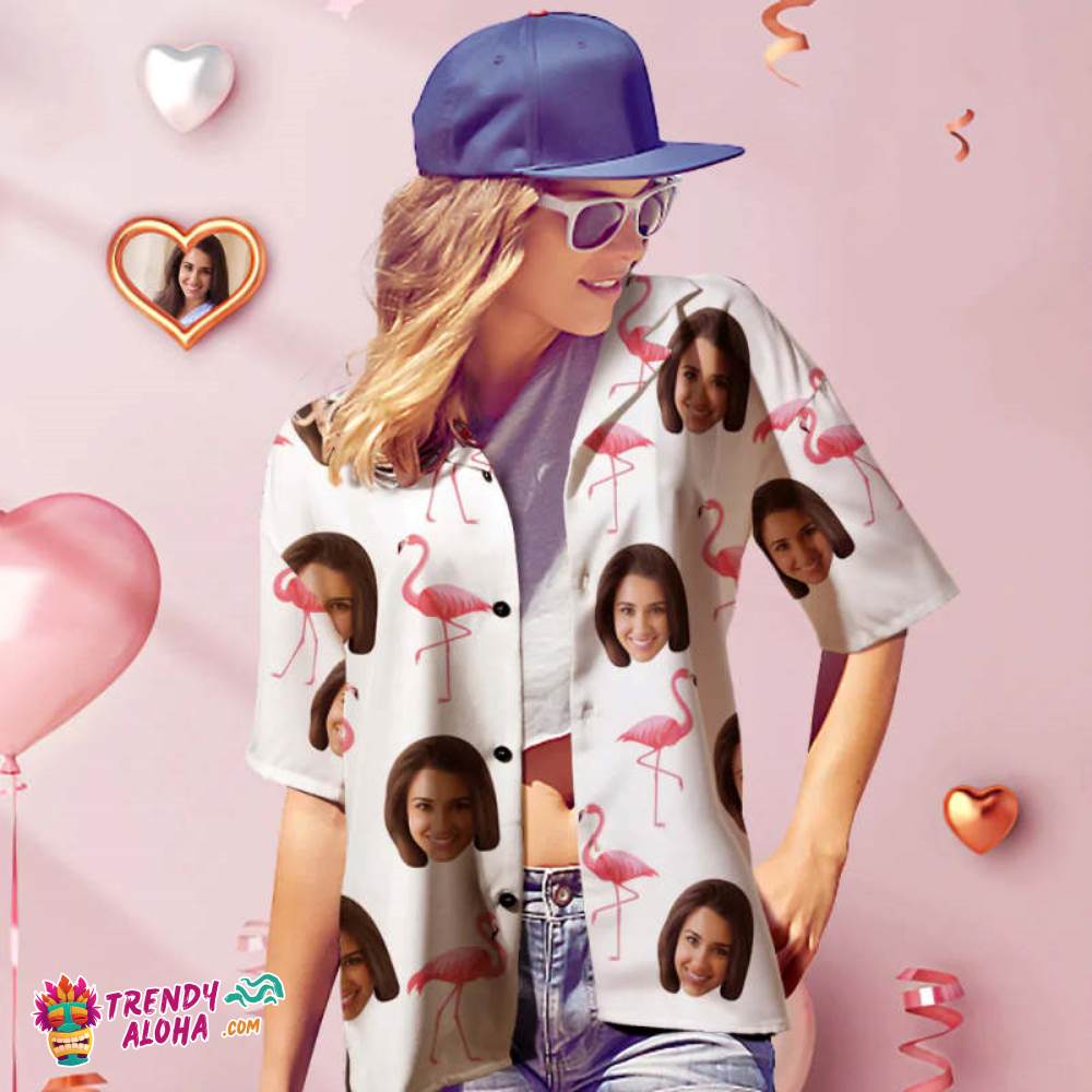 Custom Face Trendy Aloha Hawaiian Shirt Personalized Women’s Photo Flamingo Shirt Valentine’s Day Gift For Her
