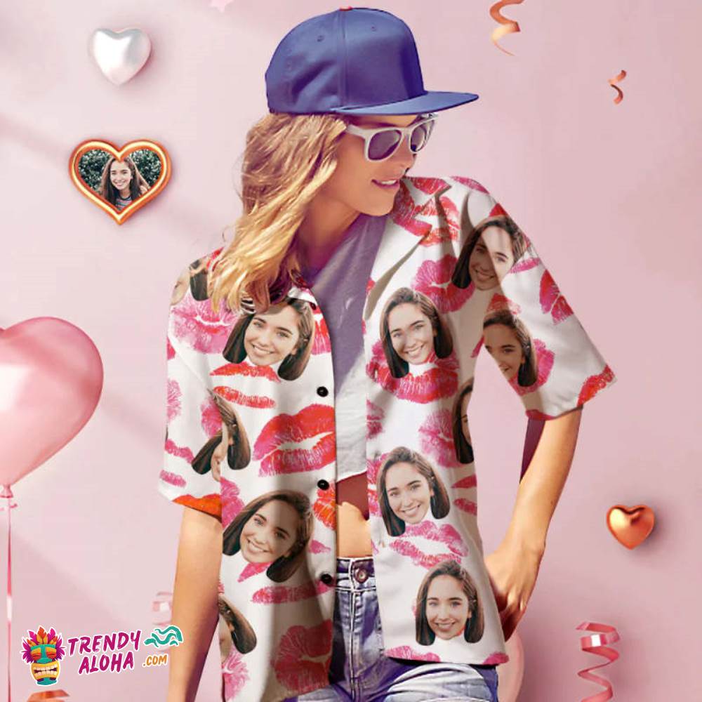 Custom Face Trendy Aloha Hawaiian Shirt Personalized Women’s Photo Kiss Shirt Valentine’s Day Gift For Her
