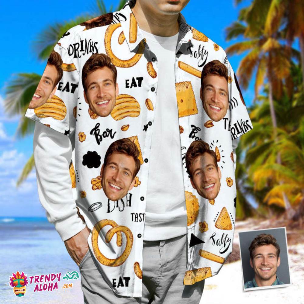 Custom Face Trendy Aloha Hawaiian Shirt Potato Chips & Onion Rings Casual Tropical Summer Shirt