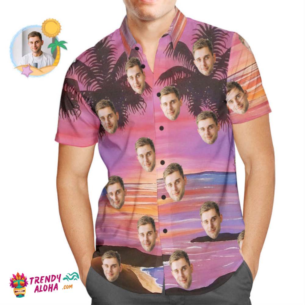 Custom Face Trendy Aloha Hawaiian Shirt Purple Coconut Tree Summer Shirt For Men
