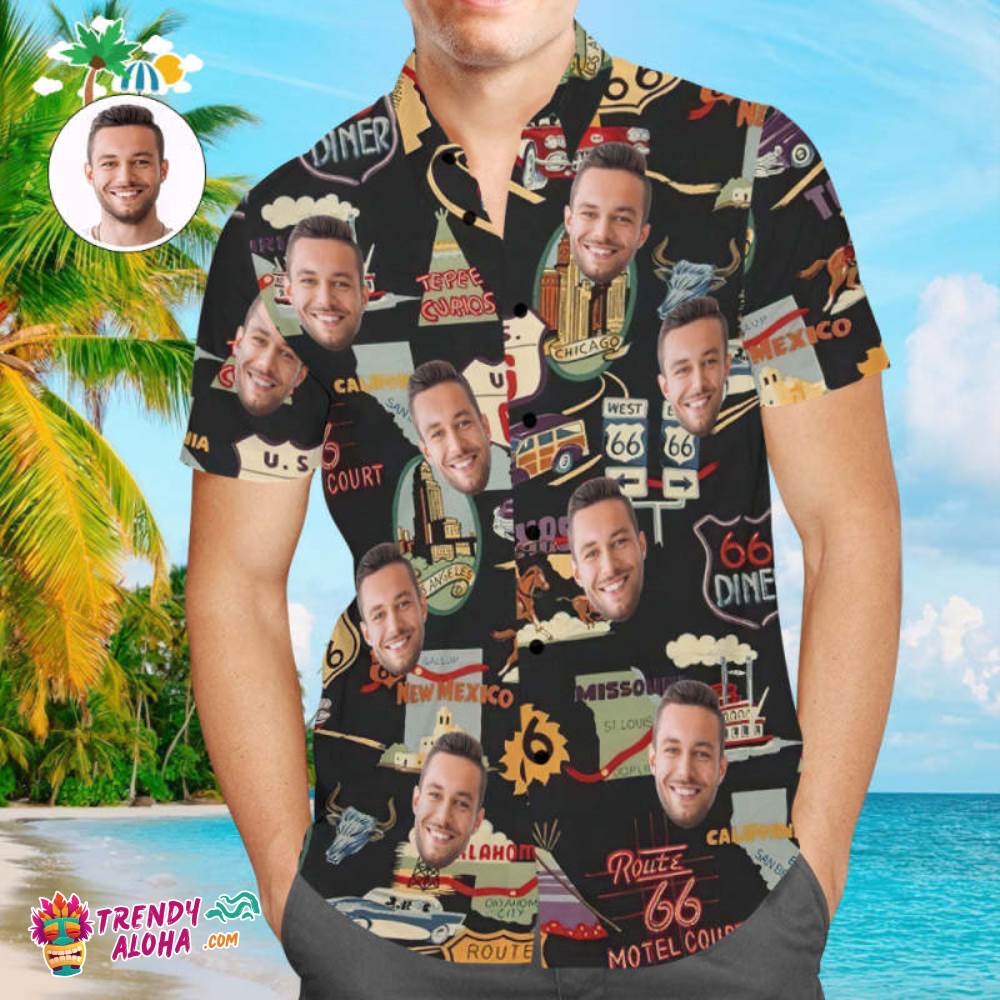 Custom Face Trendy Aloha Hawaiian Shirt Route 66 Icons Aloha Beach Shirt Gift For Him