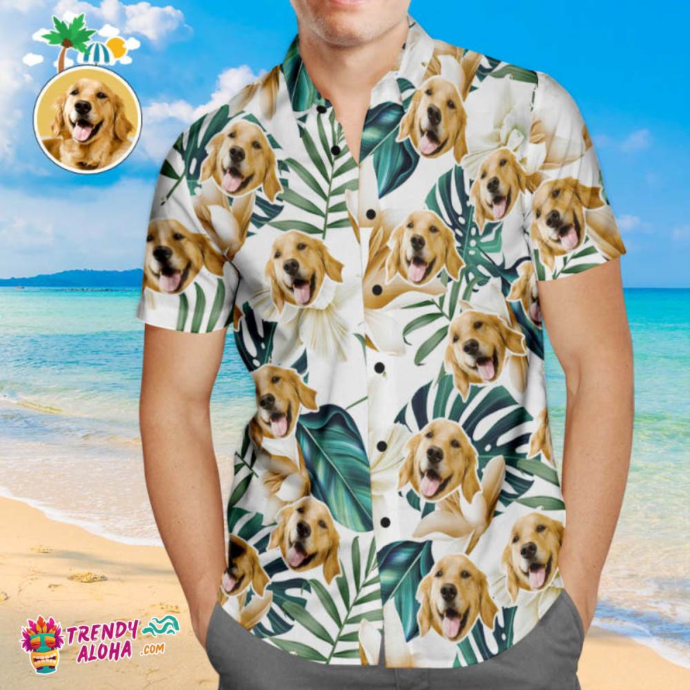 Custom Face Trendy Aloha Hawaiian Shirt White Flowers Personalized Aloha Beach Shirt For Pet Lover