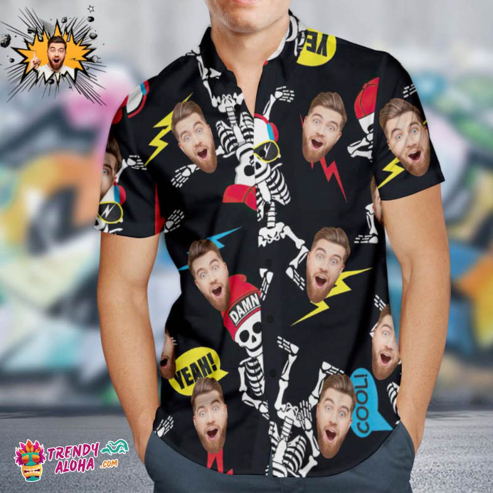 Custom Face Trendy Aloha Hawaiian Shirts Personalized Hip Hop Style Shirt Skeleton