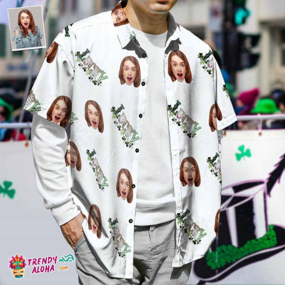 Custom Face Trendy Aloha Hawaiian Shirts, St. Patrick Short Sleeves Shirts, Clover And Alphabet Pattern Top