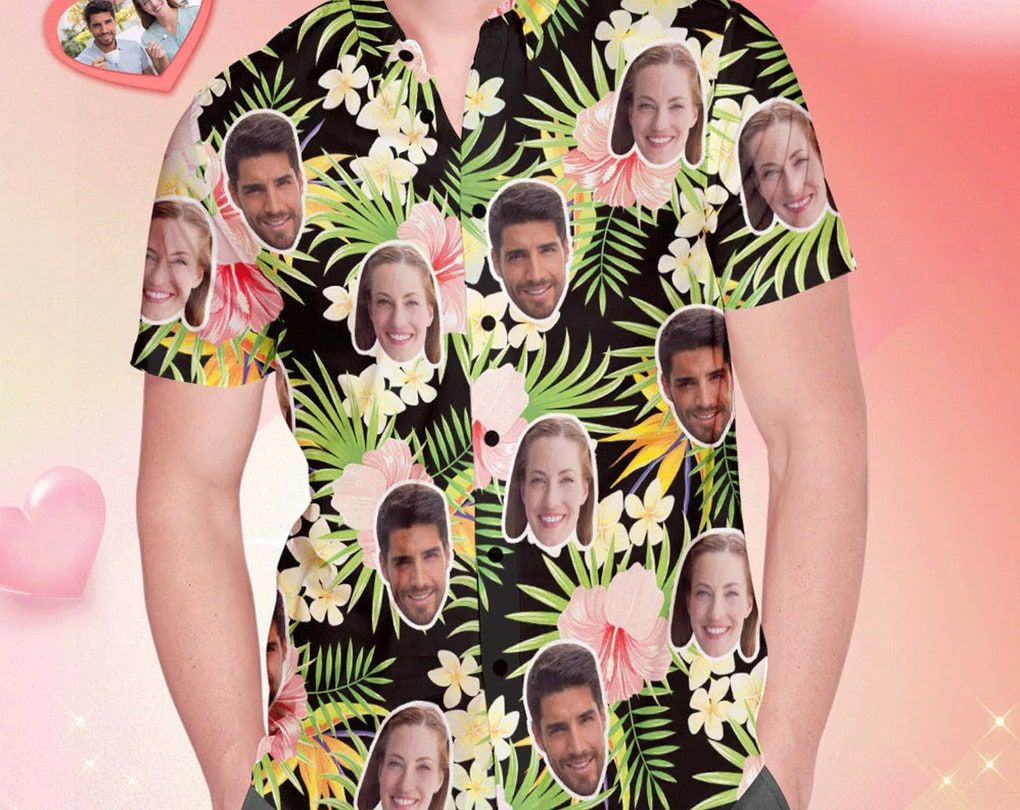 Custom Face Trendy Hawaiian Shirt, All Over Print Men’s Shirt Red Hibiscus, Aloha Couple Shirt, Aloha Shirt Funny, Hawaii Style, Gift For Dad.