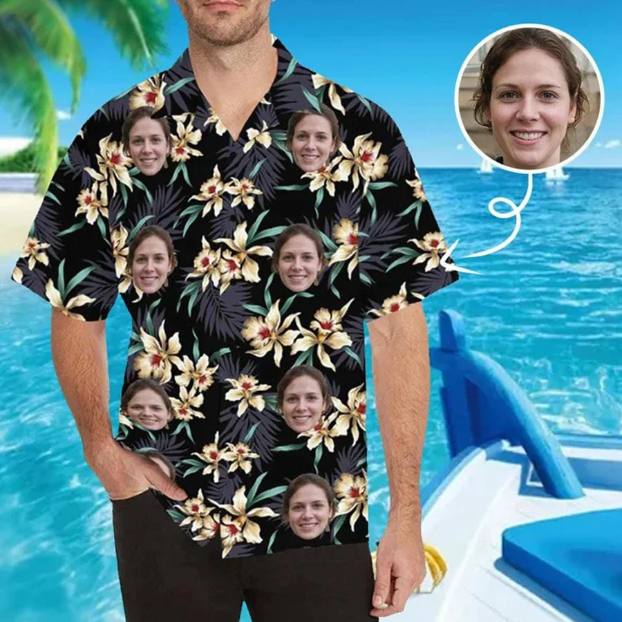 Custom Face Trendy Hawaiian Shirt For Boyfriend Or Husband, Personalized Photo Lily Flower Trendy Hawaiian Shirt