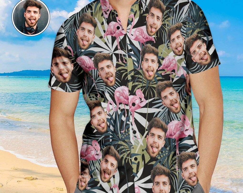 Custom Face Trendy Hawaiian Shirt Leaves And Flamingo Personalized Aloha Beach Shirt For Men, Birthday Hawaiian Gift, Custom Photo, Gift For Family