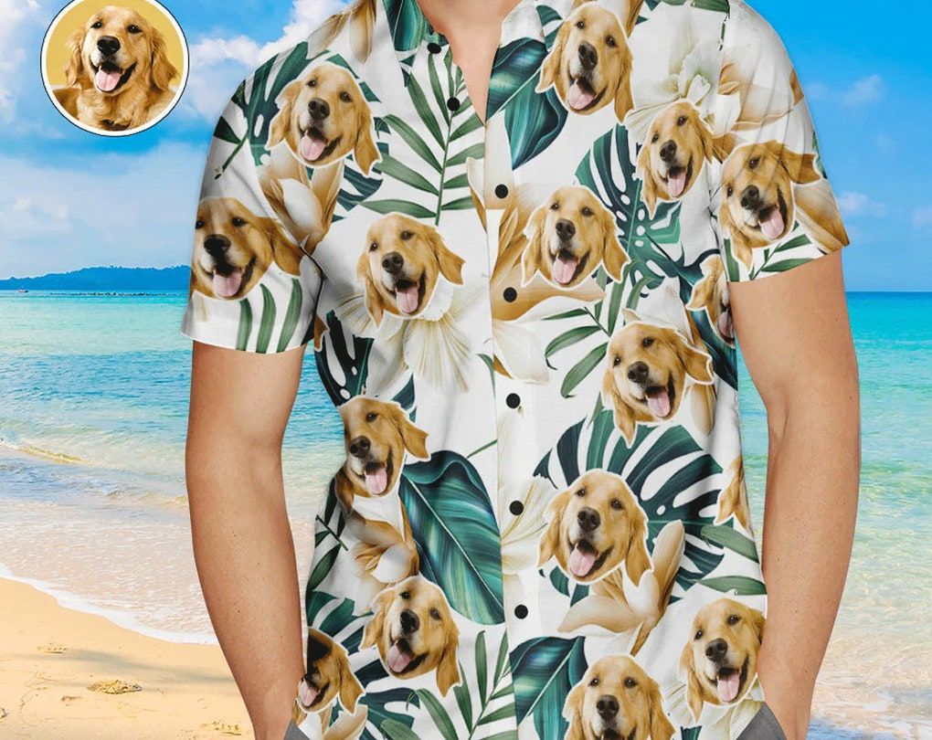 Custom Face Trendy Hawaiian Shirt White Flowers Personalized Aloha Beach Shirt For Pet Lover, Birthday Hawaiian Gift, Custom Photo, Gift For Family