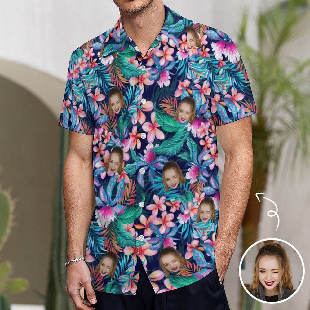 Custom Face Tropical Aloha Casual Shirt Men Front Pocket Shortsleeve Beach Pocket Hawaiian Shirt