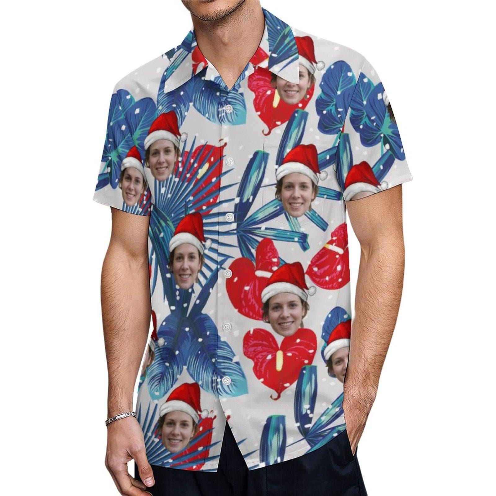 Custom Face Tropical Leaves Snowflake Shirt Men Front Pocket Beach Shortsleeve Pocket Hawaiian Shirt