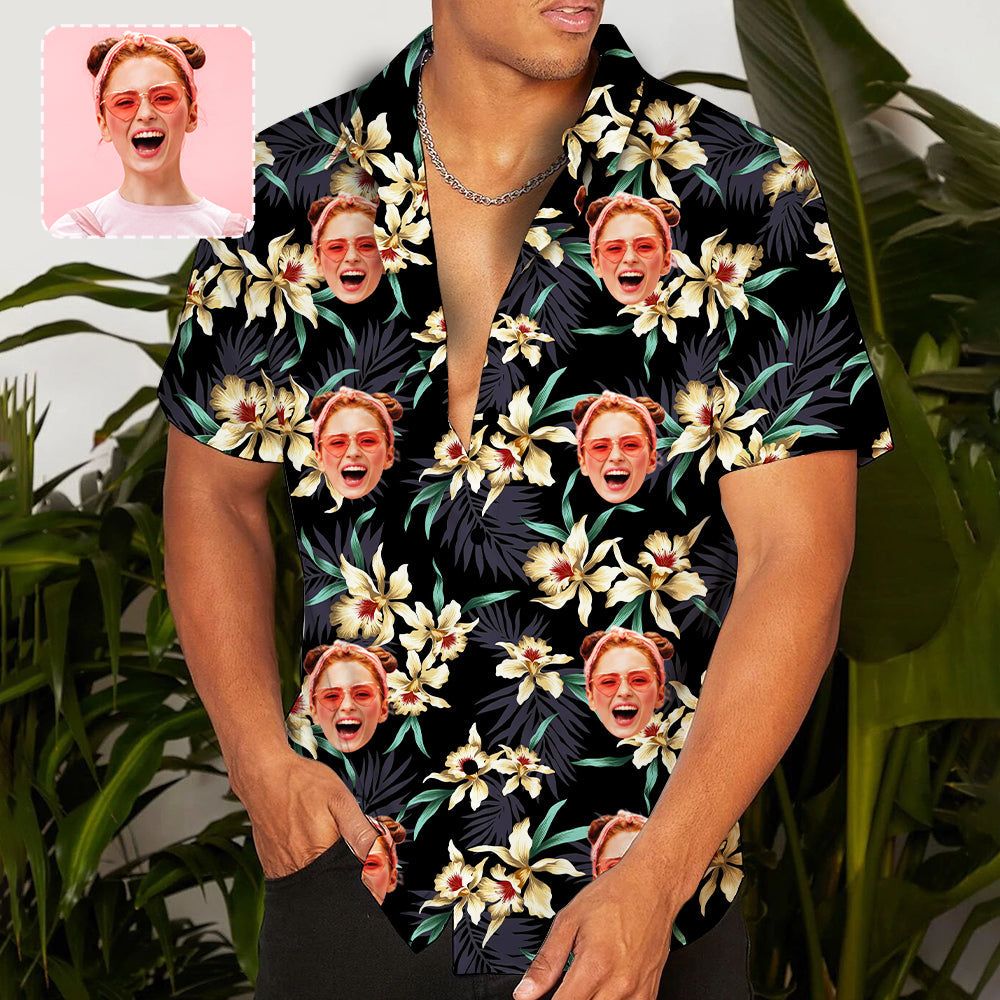 Custom Face White Flowers Trendy Hawaiian Shirt Personalized Beachwear