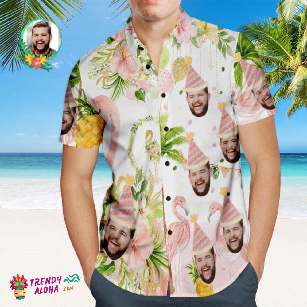 Custom Flamingo Birthday Party Trendy Aloha Hawaiian Shirt Personalized Face Shirt
