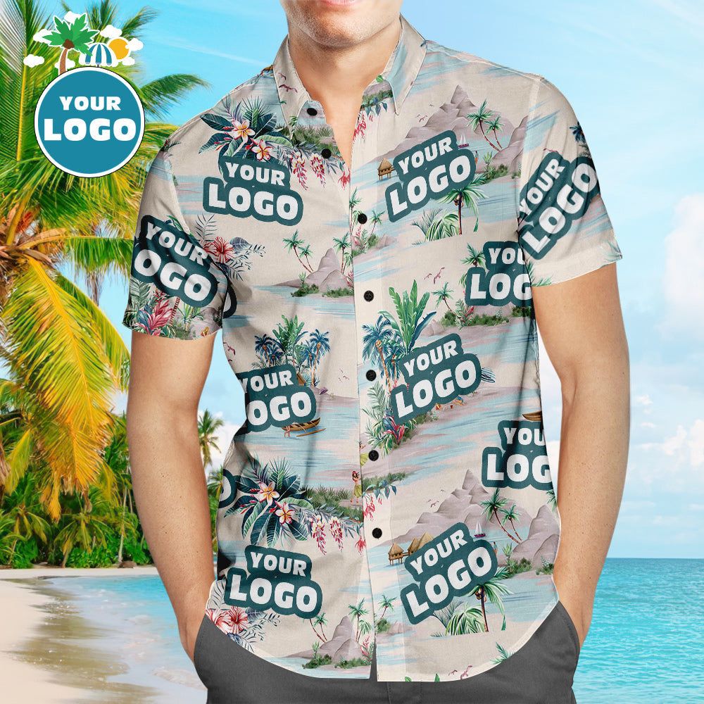 Custom Logo Hawaiian Shirts Mountains And Rivers Aloha Beach Shirt For Men