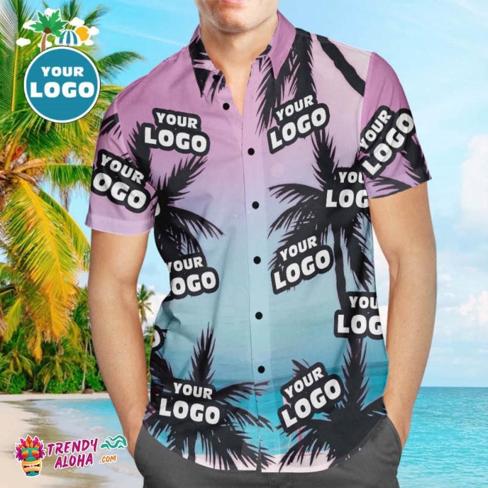 Custom Logo Trendy Aloha Hawaiian Shirts Sea And Coconut Tree Aloha Beach Shirt For Men