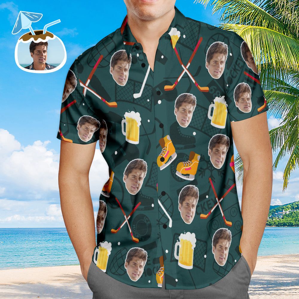 Custom Men Face Hockey Beer Trendy Hawaiian Shirts, Personalized Photo Hockey Aloha Beach Shirt, Matching Outfit For Hockey Lovers