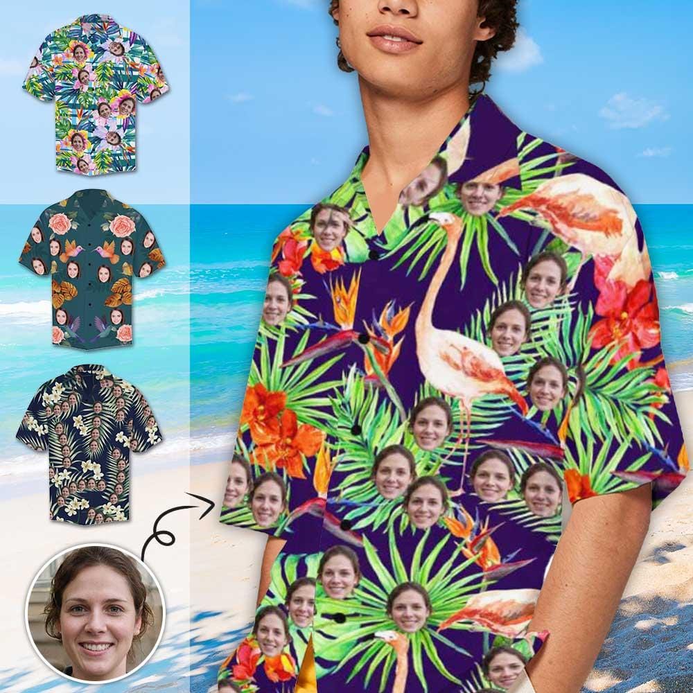 Custom Men’s Hawaiian Shirt With Face Flamingo Leaves Custom Men’s Hawaiian Shirt With Face Flamingo Leaves
