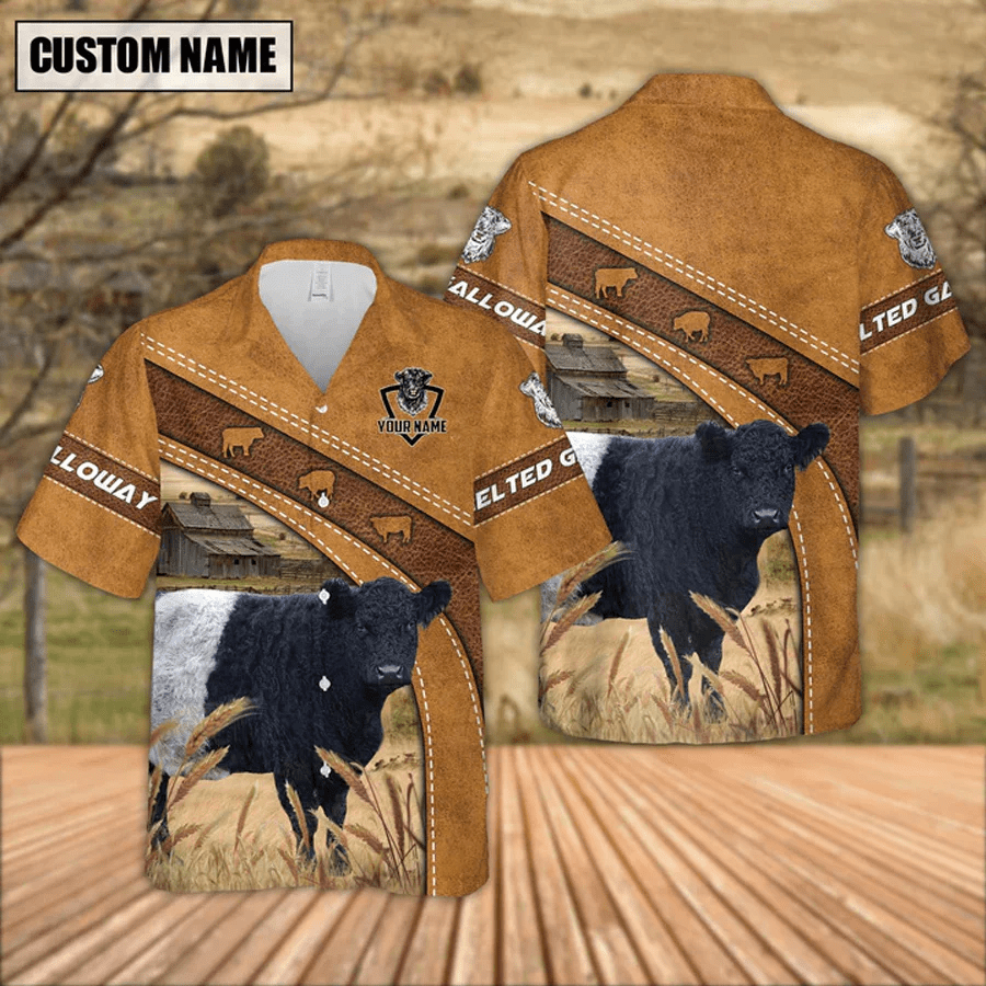 Custom Name Belted Galloway Leather Pattern Trendy Hawaiian Shirt, Summer Gift For Men And Women