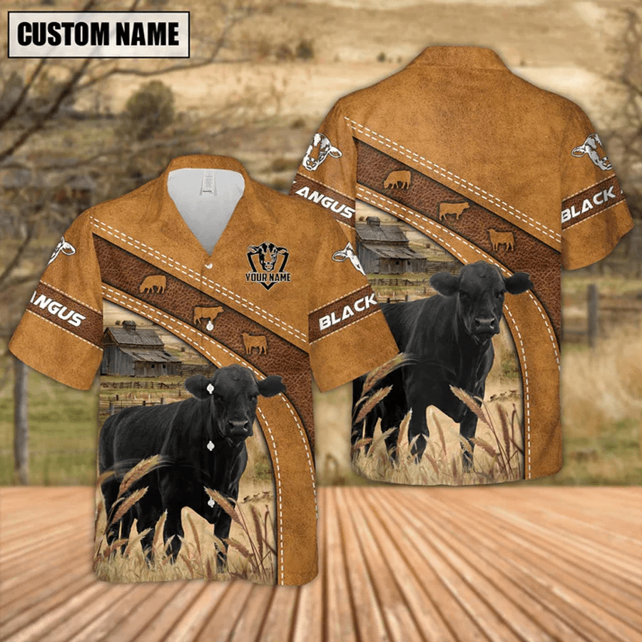 Custom Name Black Angus Leather Pattern Trendy Hawaiian Shirt, Trendy Hawaiian Shirt Gift For Men And Women