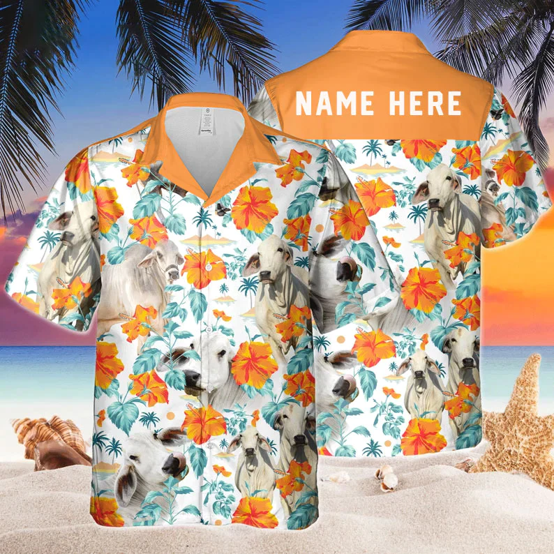 Custom Name Brahman Cow Hibiscus Flowers Trendy Hawaiian Shirt, Cow Trendy Hawaiian Shirt, Summer Gifts For Men And Women