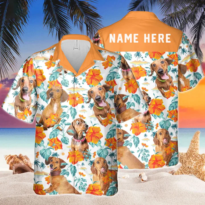 Custom Name Dachshund Dog Hibiscus Flowers All 3D Printed Trendy Hawaiian Shirt