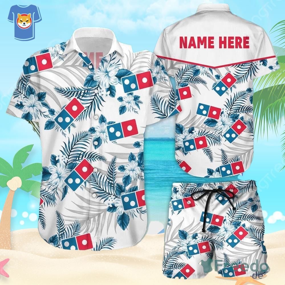 Custom Name Dominos Tropical Flower Aloha Food Fans Hawaiian Shirt And Short For Men And Women
