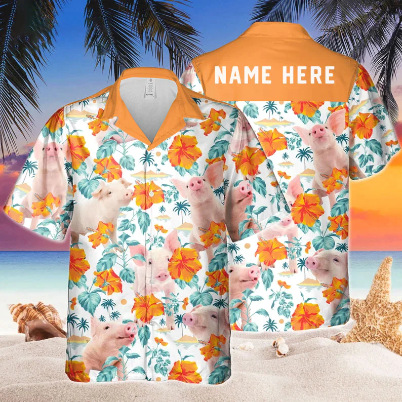 Custom Name Funny Pig Hibiscus Flowers Trendy Hawaiian Shirt, Cow Trendy Hawaiian Shirt, Summer Gifts For Men And Women