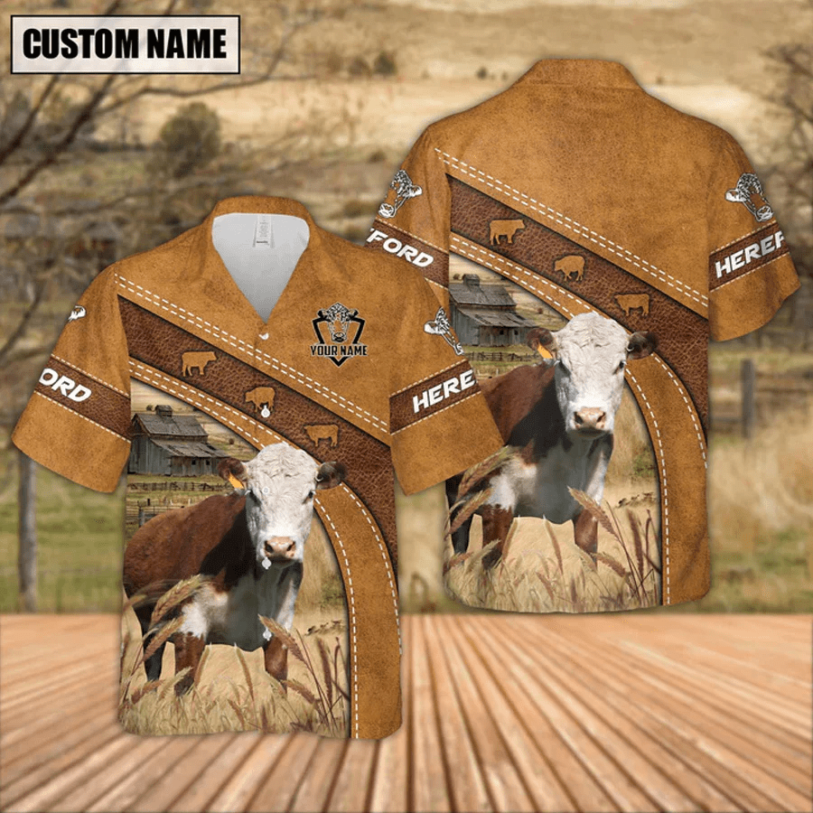 Custom Name Hereford Leather Pattern Trendy Hawaiian Shirt, Trendy Hawaiian Shirt Gift For Men And Women