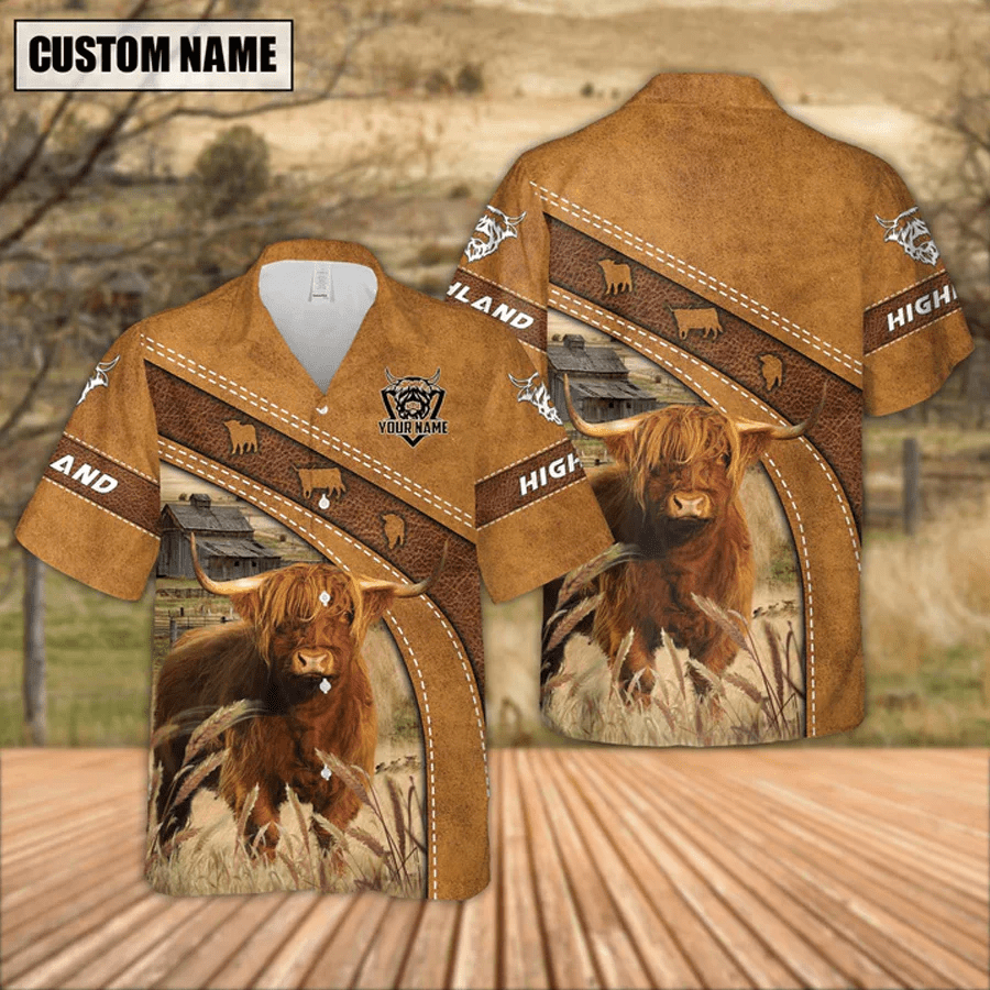 Custom Name Highland Cattle Leather Pattern Trendy Hawaiian Shirt, Trendy Hawaiian Shirt Gift For Men And Women