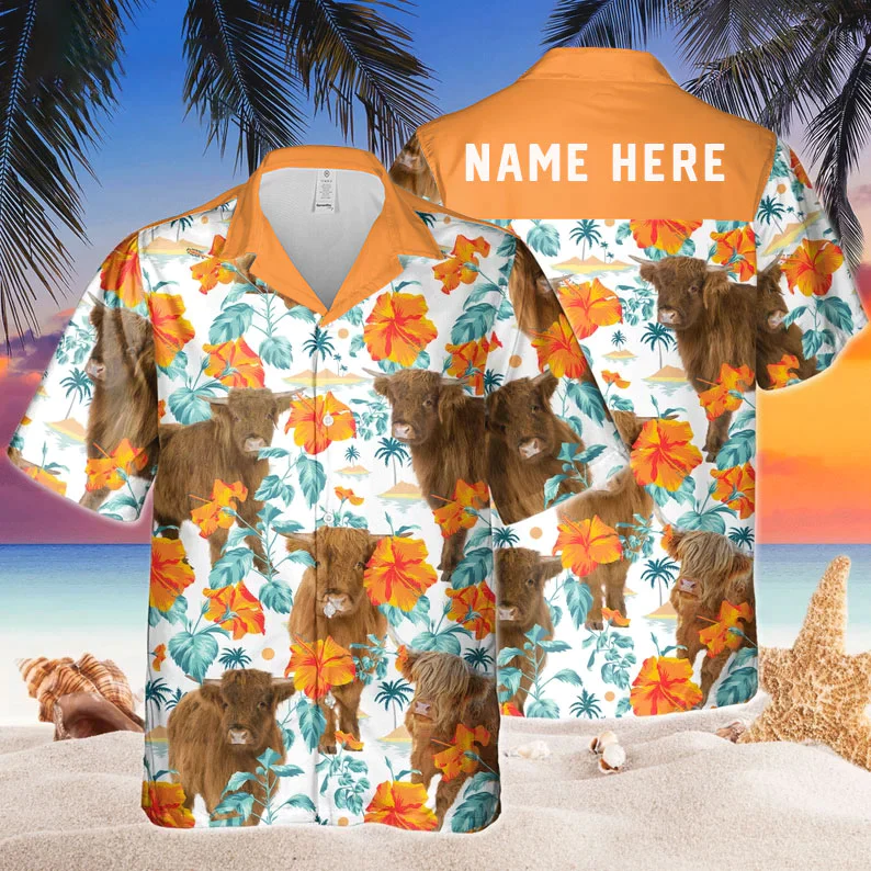 Custom Name Highland Cow Hibiscus Flowers Trendy Hawaiian Shirt, Cow Trendy Hawaiian Shirt, Summer Gifts For Men And Women