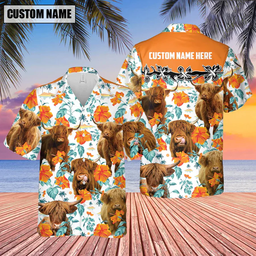 Custom Name Highland Hibiscus Floral 3D Trendy Hawaiian Shirt, Summer Gifts For Men And Women