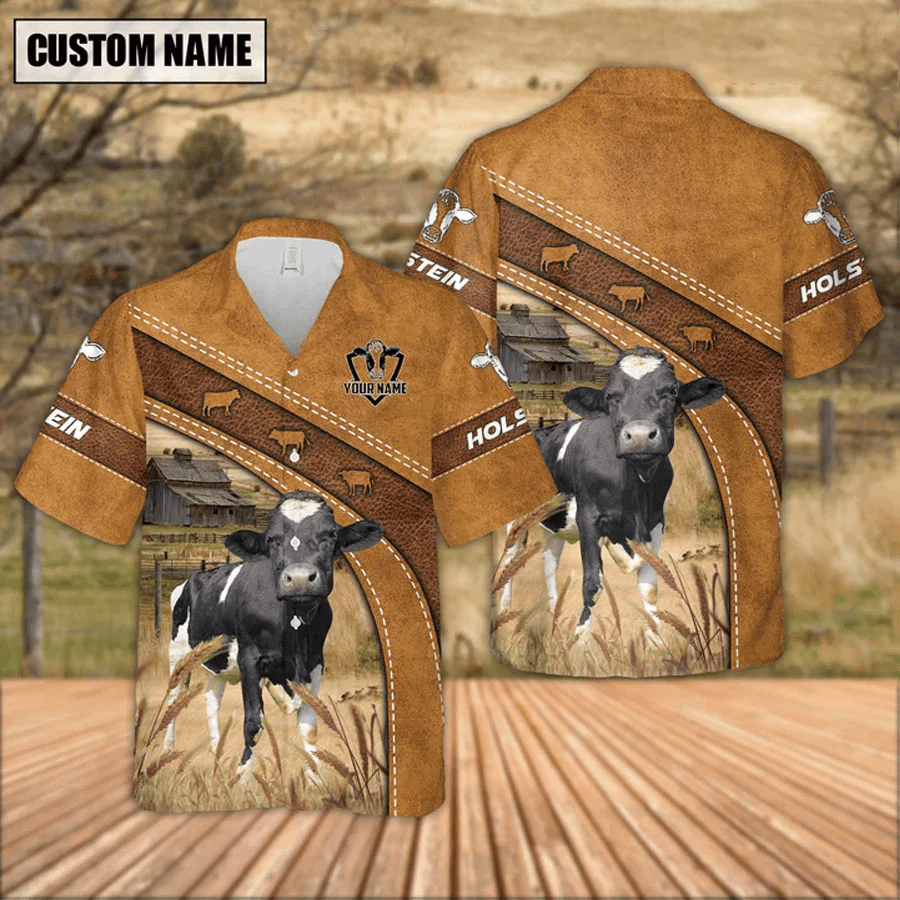 Custom Name Holstein Leather Pattern Trendy Hawaiian Shirt, Trendy Hawaiian Shirt Gift For Men And Women