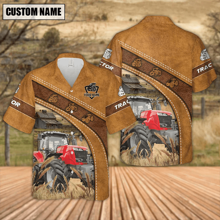 Custom Name Red Tractor Leather Pattern Trendy Hawaiian Shirt, Summer Gift For Men And Women