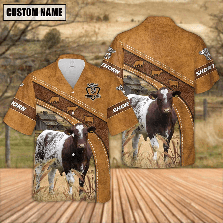 Custom Name Shorthorn Leather Pattern Trendy Hawaiian Shirt, Summer Gift For Men And Women