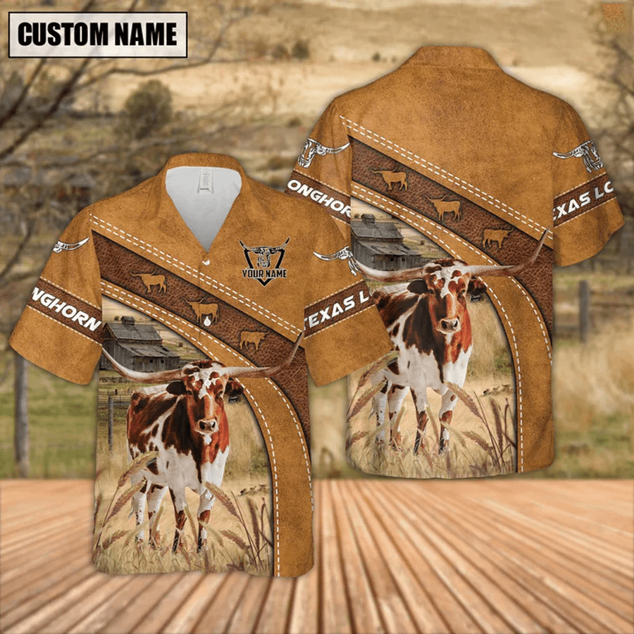 Custom Name Texas Longhorn Leather Pattern Trendy Hawaiian Shirt, Summer Gift For Men And Women