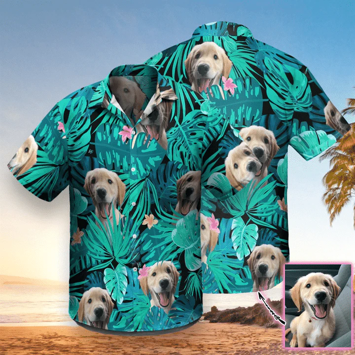 Custom Photo Cute Dog Tropical Leave And Flower Trendy Hawaiian Shirt