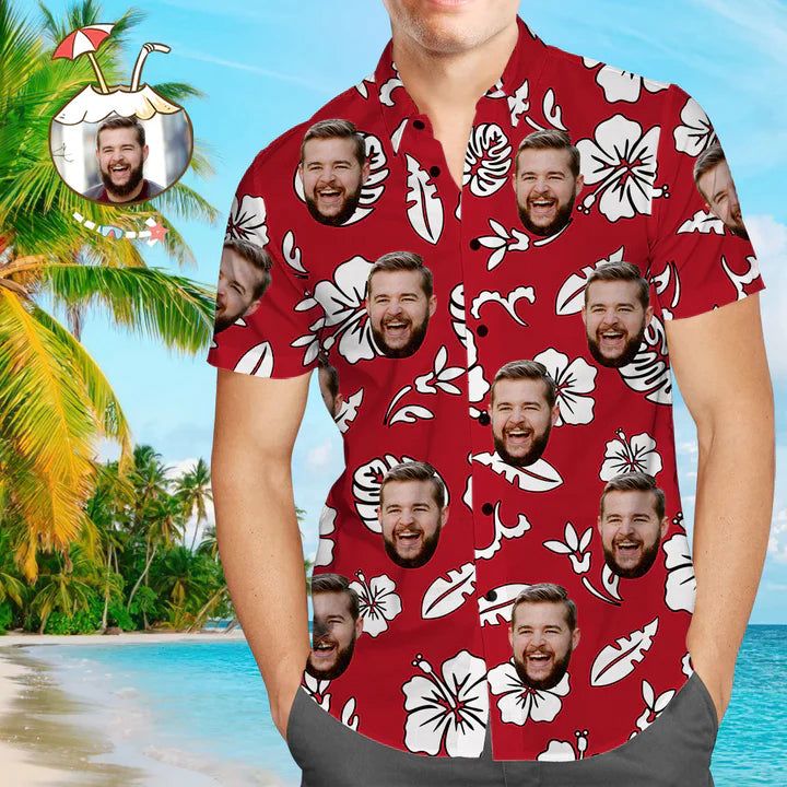 Custom Photo Hibiscus Red All Over Printed 3D Hawaiian Shirt