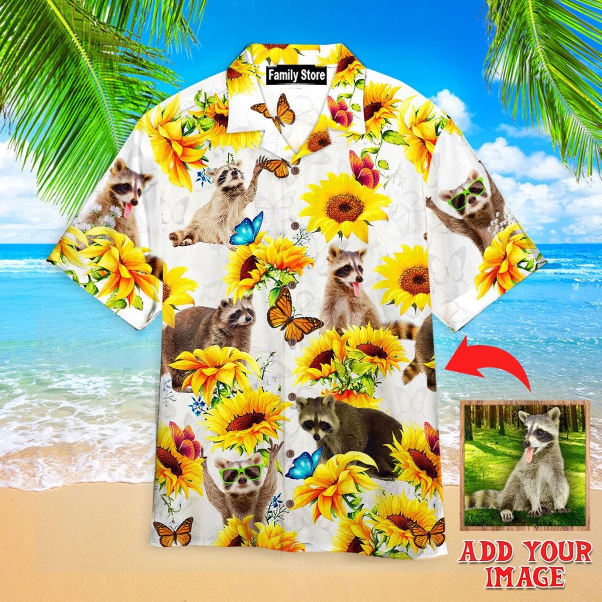 Custom Photo Raccoon Lovers Sunflower Custom Hawaiian Shirt
