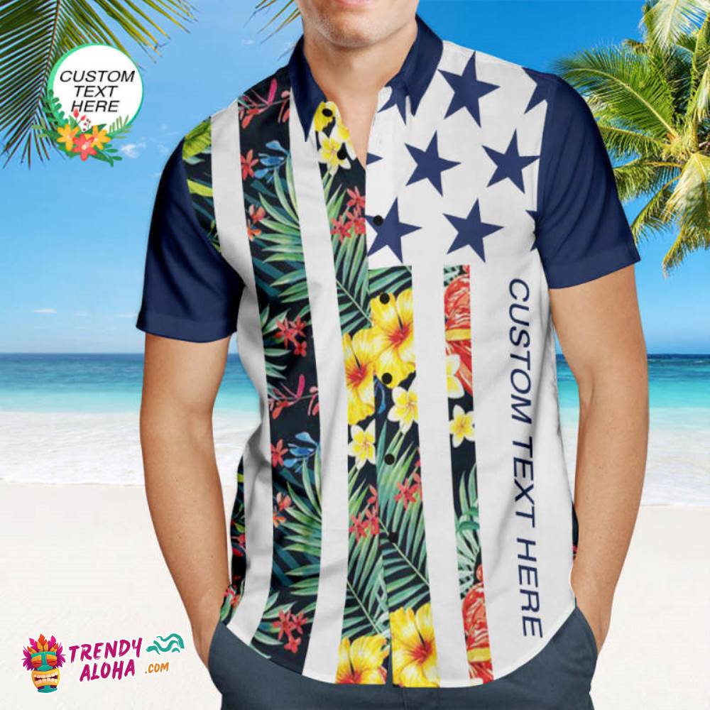 Custom Text Men’s Patriotic Trendy Aloha Hawaiian Shirt Personalized Fashion Flower Design Trendy Aloha Hawaiian Shirt
