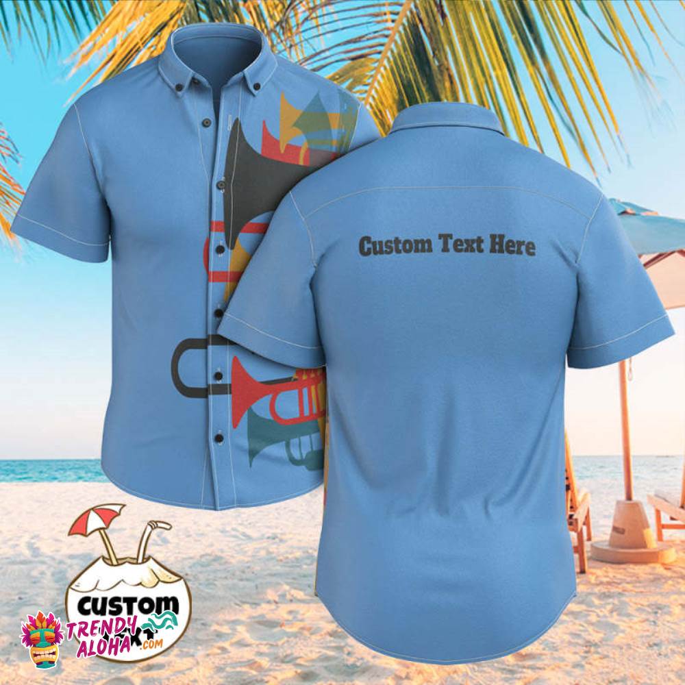 Custom Text Men’s Vintage Trendy Aloha Hawaiian Shirts Music Jazz Trumpet Print Trendy Aloha Hawaiian Shirts For Men