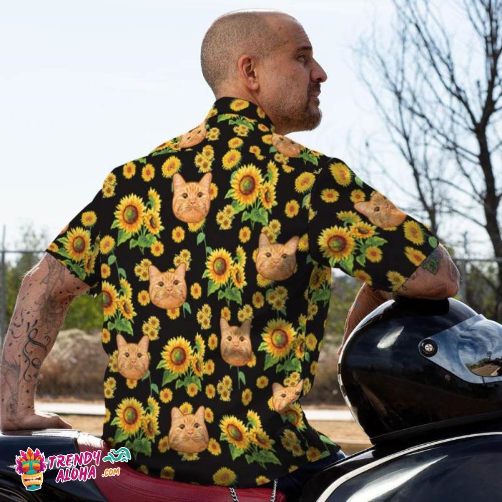 Custom Trendy Aloha Hawaiian Shirts Cat Face Sunflower Design Aloha Beach Shirt For Men